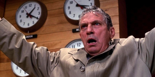 Howard Beale (Peter Finch)  loses is grip in the 1976 United Artist film "Network".
