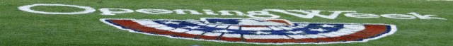 2014 MLB Opening Week stencil on the field at Oakland Coliseum. April 2, 2014