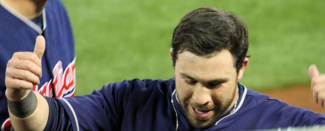 Cleveland Indians second baseman Jason Kipnis celebrates the Tribe's taking the lead in the 9th inning at Oakland Coliseum. April 2, 2014.