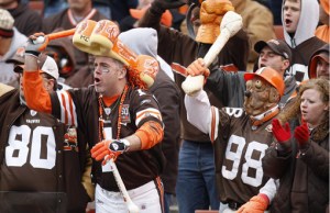 Cleveland Browns fans in the end zone, also known as the Dawg Pound.
