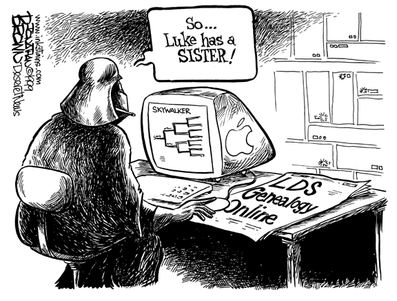 Cartoon of Darth Vadar in front of a computer screen, researching his family tree. He exclaims "So, Luke has a sister!"