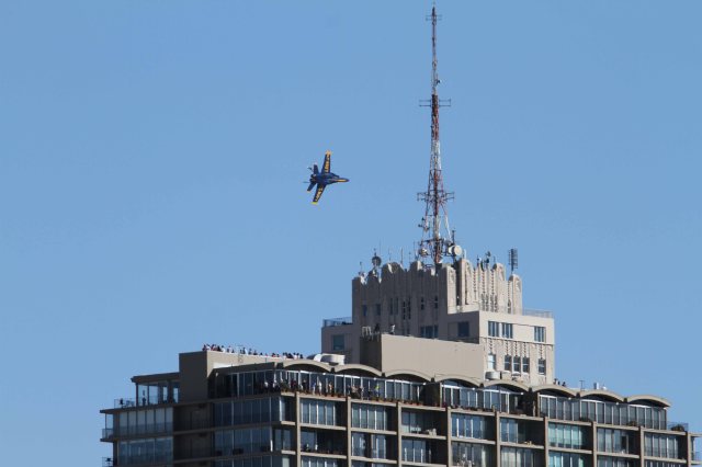 The Blue Angels of the United States Navy fly over San Francisco, CA as part of 2016's Fleet Week. (October 2016)